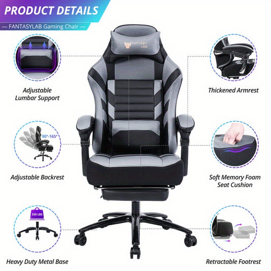 Vanbow Ergonomic Racing Style Office & Gaming Chair - Seat Height Adjustable Swivel Computer Desk Chair with Memory Foam Cushion, Massage Function, Retractable Foot Rest & Linkage Armrests - No Power Required, Easy-Clean Design, Highquality Construction