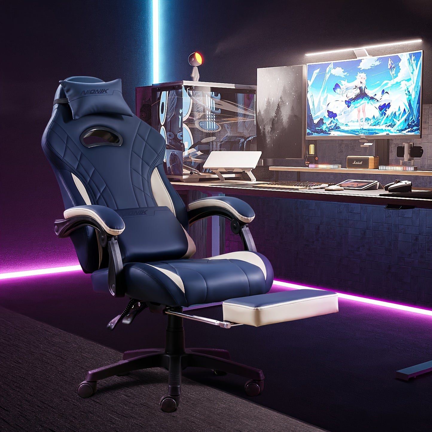 Footrest Massage Gaming Chair Gaming Chair With Footrest And Massage Lumbar Support, Ergonomic Computer Gamer Chair, Office Video Game Chairs With Adjustable Height And Backrest Esports Chair Available In Four Colors