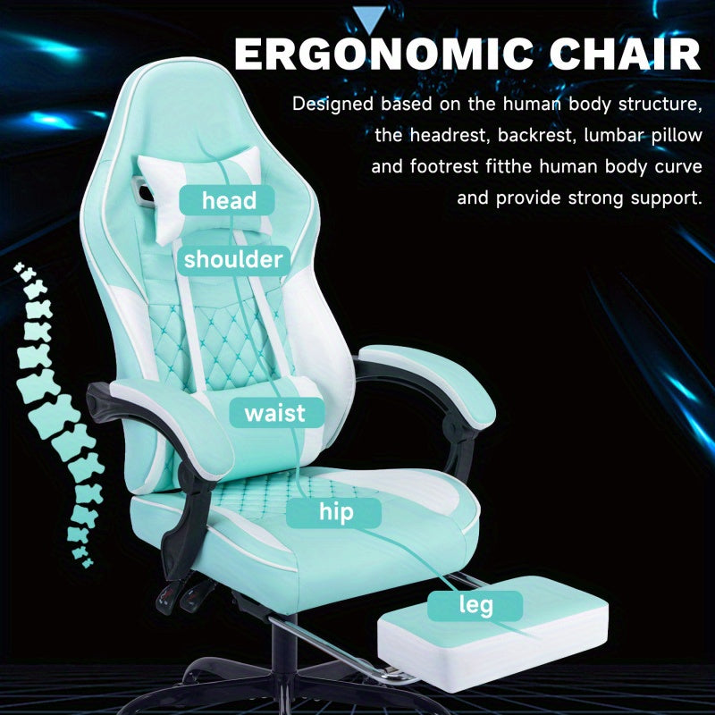 Ergonomic Racing Style Gaming Chair with Massage Lumbar Support & Footrest - Adjustable Headrest, 5-Wheel Base, No Power Required, Green Computer Desk Chair for Adults, Sleek Interior Lighting, Comfortable Seating
