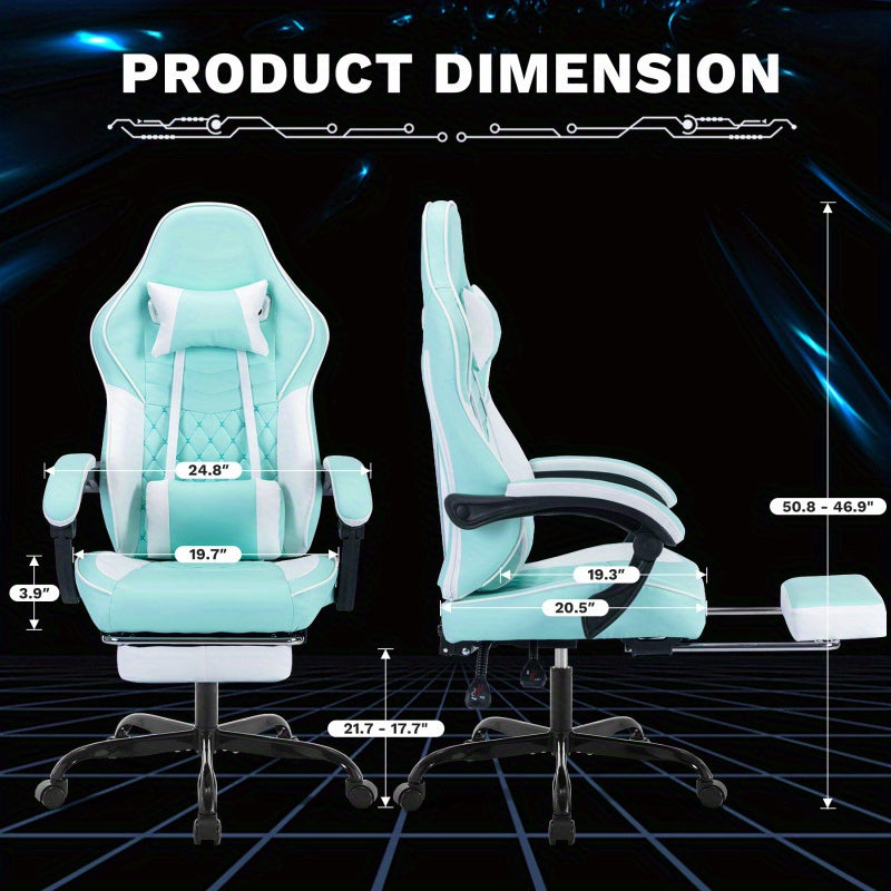 Ergonomic Racing Style Gaming Chair with Massage Lumbar Support & Footrest - Adjustable Headrest, 5-Wheel Base, No Power Required, Green Computer Desk Chair for Adults, Sleek Interior Lighting, Comfortable Seating