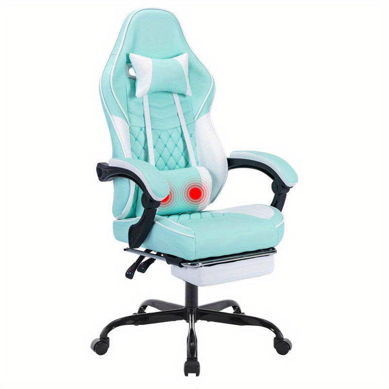 Ergonomic Racing Style Gaming Chair with Massage Lumbar Support & Footrest - Adjustable Headrest, 5-Wheel Base, No Power Required, Green Computer Desk Chair for Adults, Sleek Interior Lighting, Comfortable Seating