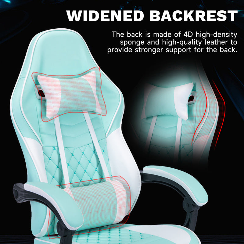 Ergonomic Racing Style Gaming Chair with Massage Lumbar Support & Footrest - Adjustable Headrest, 5-Wheel Base, No Power Required, Green Computer Desk Chair for Adults, Sleek Interior Lighting, Comfortable Seating