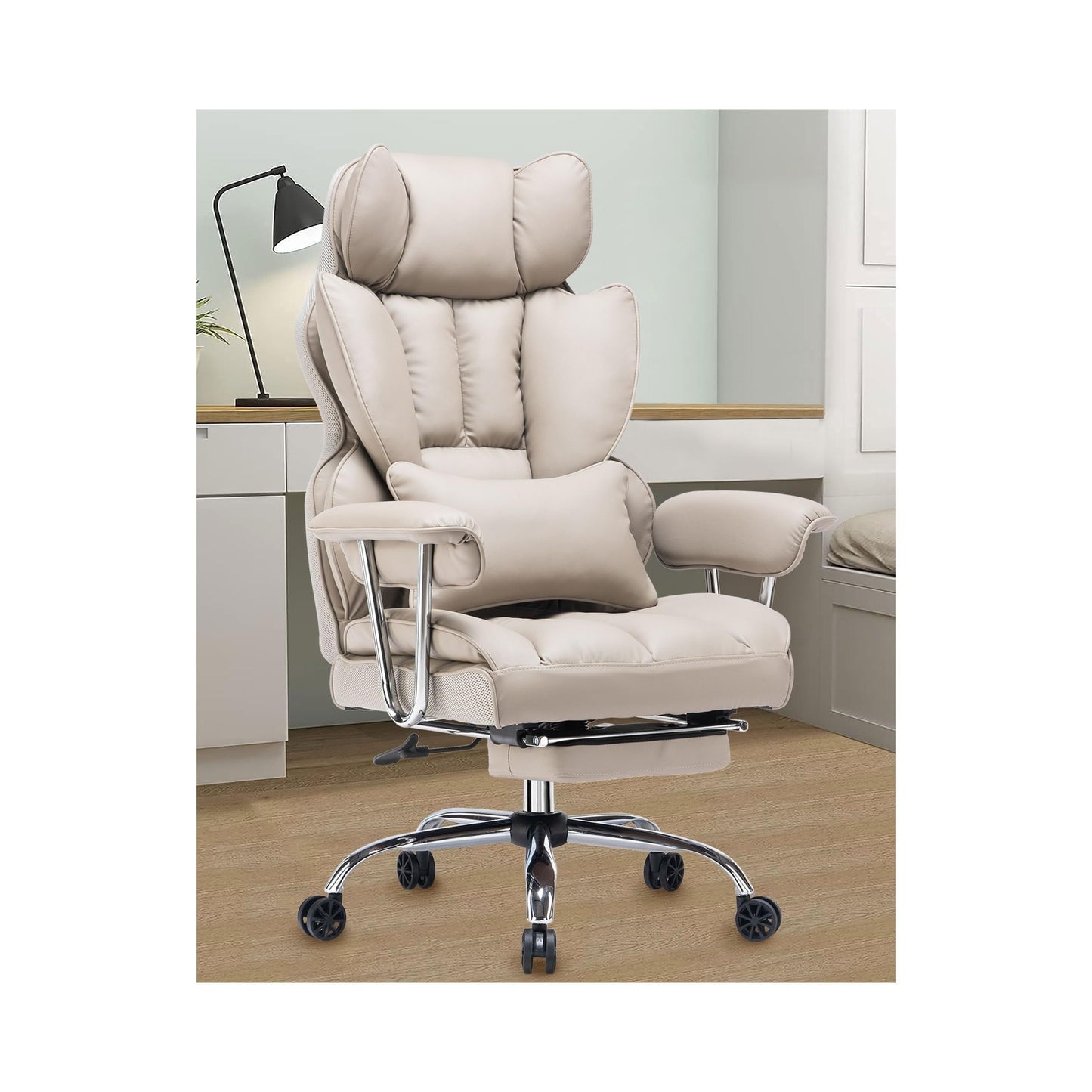 Efomao Desk Office Chair 400LBS, Big and Tall Home Office Chair, Gaming Chair, Faux Leather Computer Chair, Executive Office Chair with Leg Rest and Lumbar Support, Grey Office Chair, Valentine's Day gift.