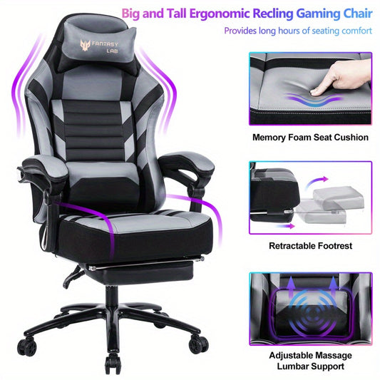 Vanbow Ergonomic Racing Style Office & Gaming Chair - Seat Height Adjustable Swivel Computer Desk Chair with Memory Foam Cushion, Massage Function, Retractable Foot Rest & Linkage Armrests - No Power Required, Easy-Clean Design, Highquality Construction