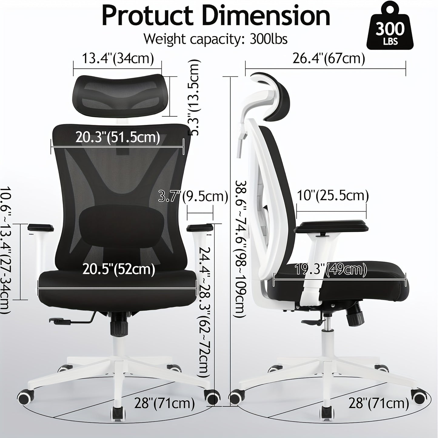 Swivel Ergonomic Office Chair For Gaming, Computer Desk Chair With Breathable Mesh High Back Task Design, Adjustable Lumbar Support, 3D Armrests And Headrest