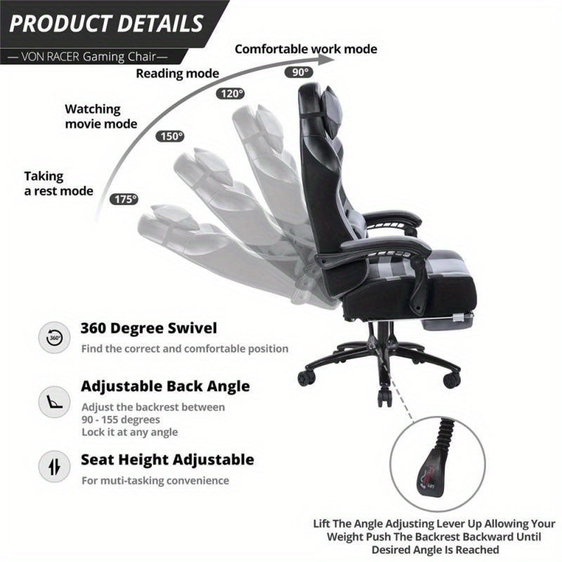 Vanbow Ergonomic Racing Style Office & Gaming Chair - Seat Height Adjustable Swivel Computer Desk Chair with Memory Foam Cushion, Massage Function, Retractable Foot Rest & Linkage Armrests - No Power Required, Easy-Clean Design, Highquality Construction