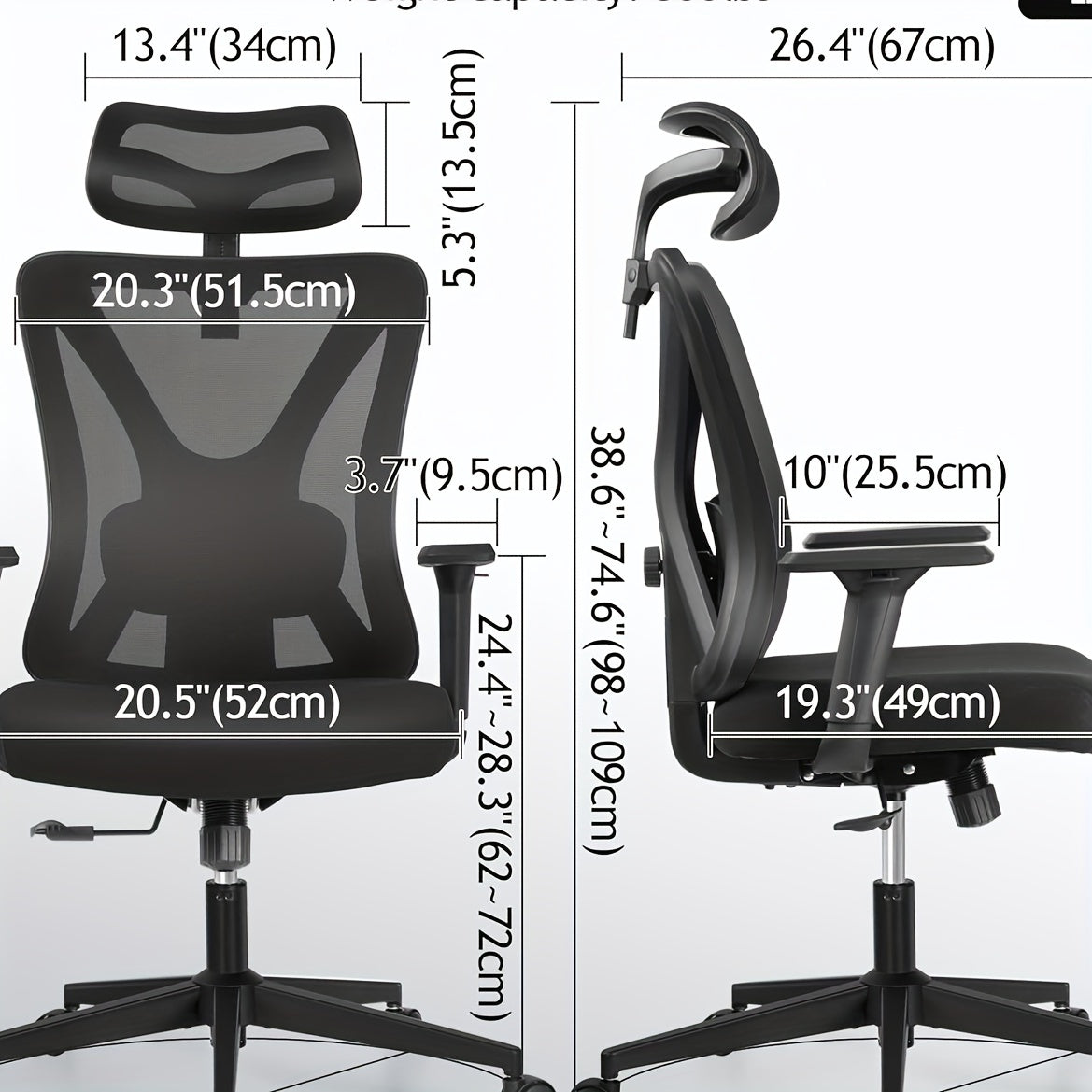 Swivel Ergonomic Office Chair For Gaming, Computer Desk Chair With Breathable Mesh High Back Task Design, Adjustable Lumbar Support, 3D Armrests And Headrest