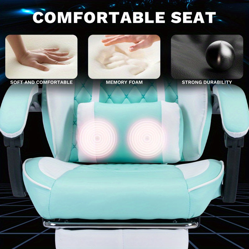Ergonomic Racing Style Gaming Chair with Massage Lumbar Support & Footrest - Adjustable Headrest, 5-Wheel Base, No Power Required, Green Computer Desk Chair for Adults, Sleek Interior Lighting, Comfortable Seating