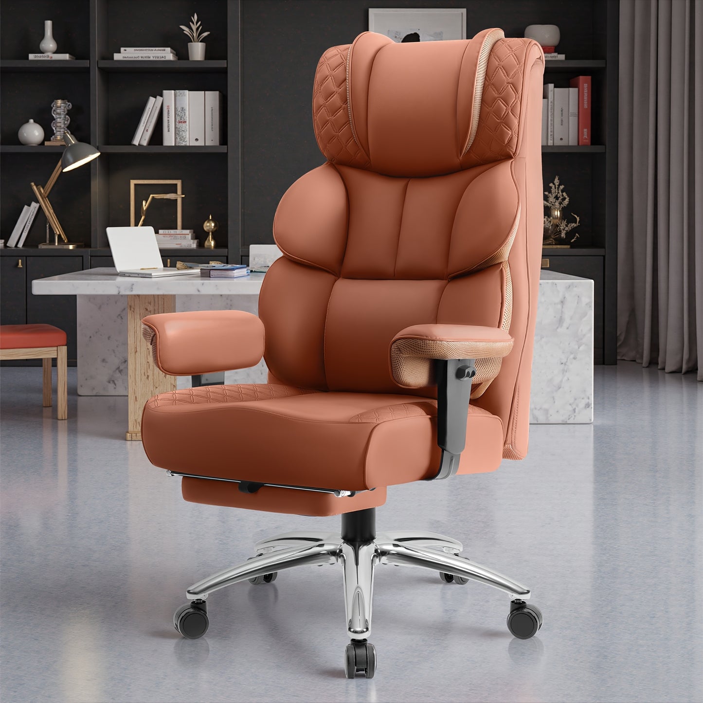 Big & Tall Executive High-Back Leather Office Chair with Footrest - Ergonomic Gaming Desk Chair, Memory Foam Lumbar Support, 360° Swivel & 5 Dual-Wheel Base for Home Office, Computer, Gaming