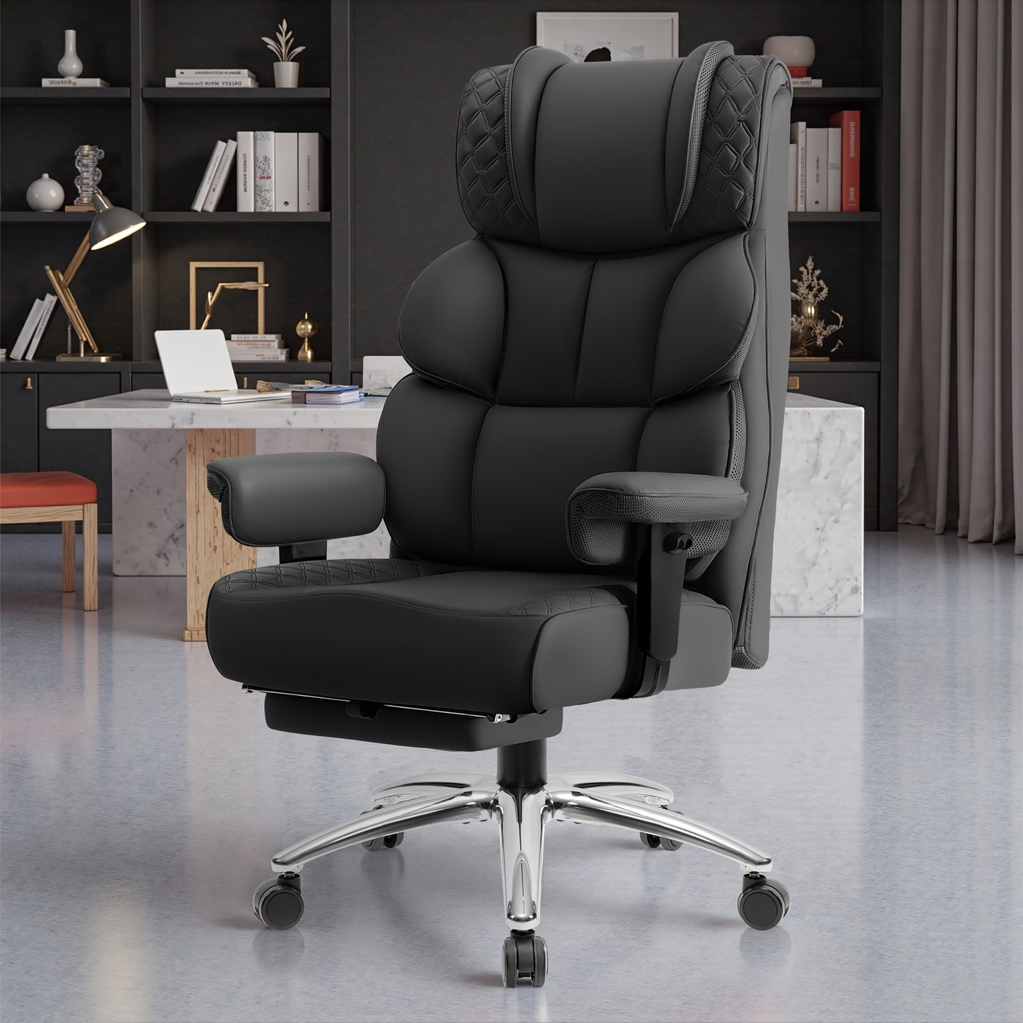 Big & Tall Executive High-Back Leather Office Chair with Footrest - Ergonomic Gaming Desk Chair, Memory Foam Lumbar Support, 360° Swivel & 5 Dual-Wheel Base for Home Office, Computer, Gaming