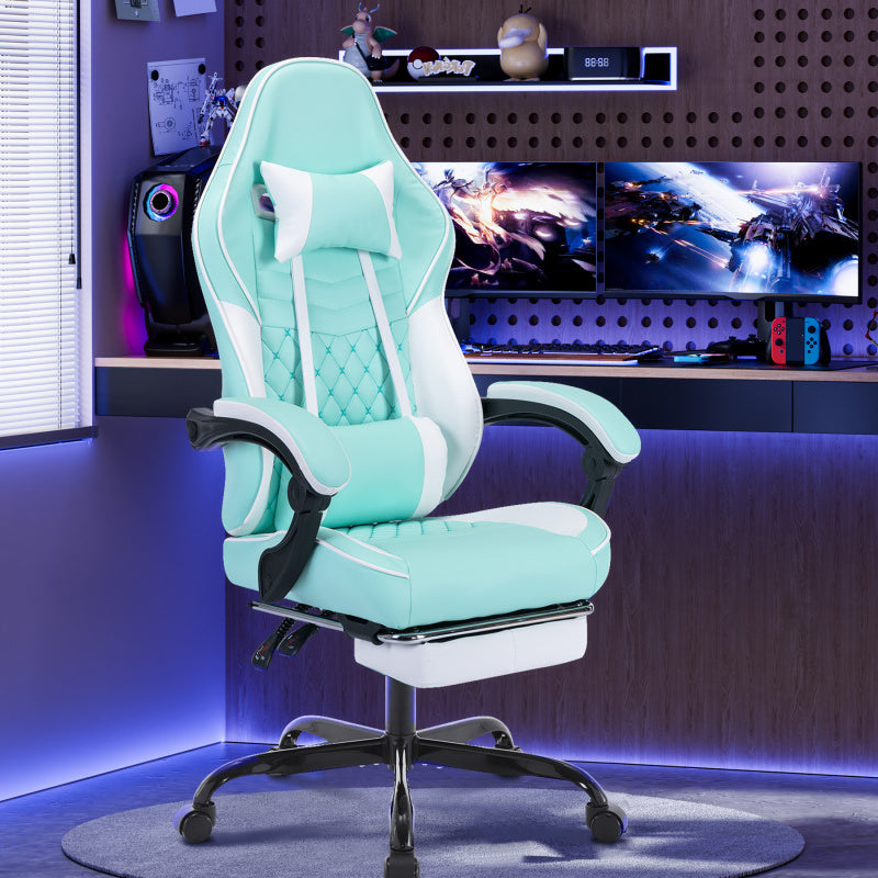 Ergonomic Racing Style Gaming Chair with Massage Lumbar Support & Footrest - Adjustable Headrest, 5-Wheel Base, No Power Required, Green Computer Desk Chair for Adults, Sleek Interior Lighting, Comfortable Seating