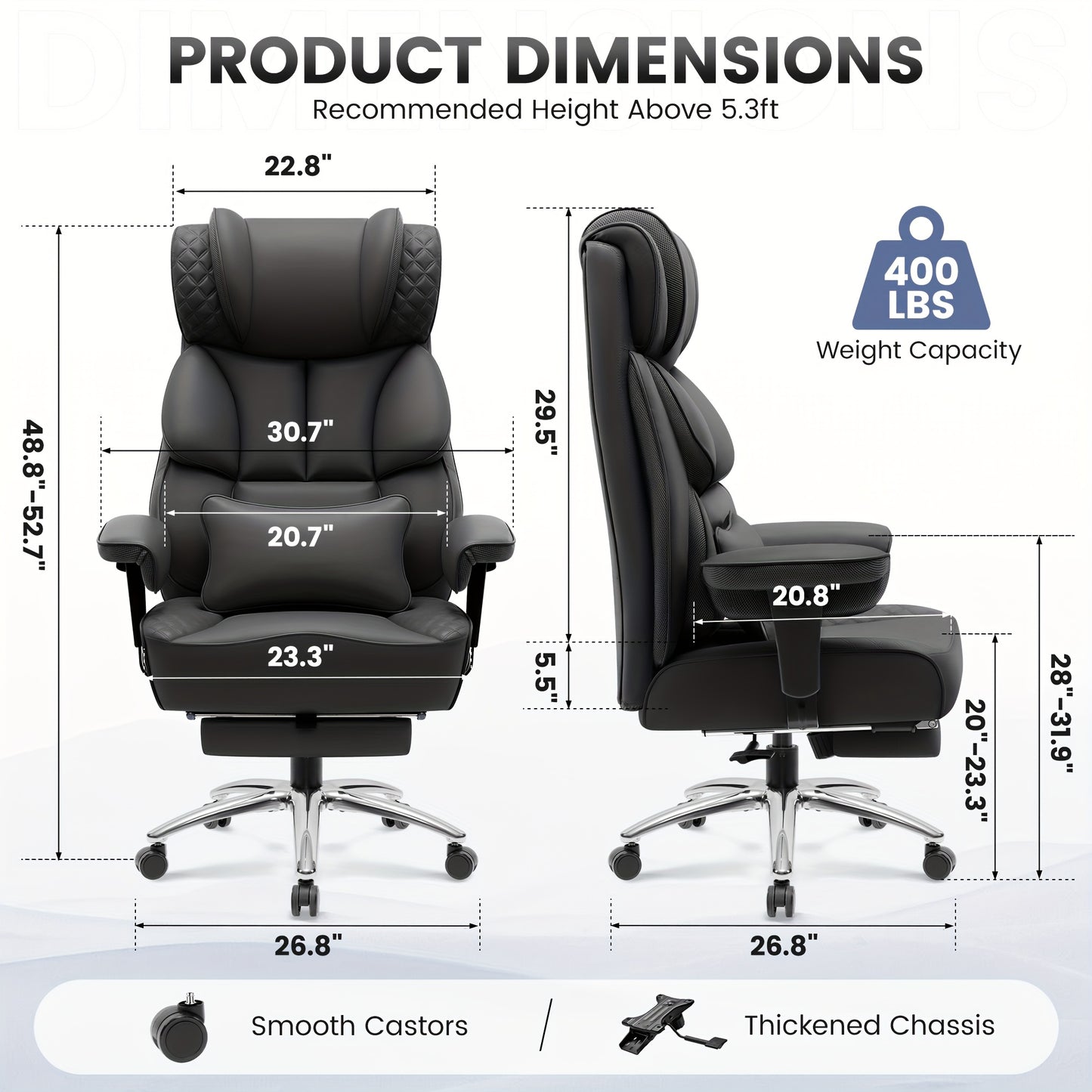 Big & Tall Executive High-Back Leather Office Chair with Footrest - Ergonomic Gaming Desk Chair, Memory Foam Lumbar Support, 360° Swivel & 5 Dual-Wheel Base for Home Office, Computer, Gaming